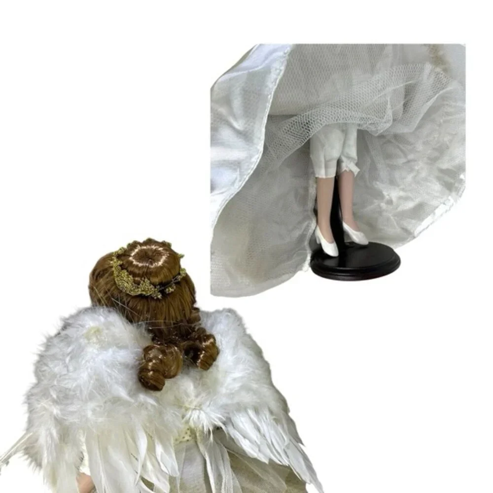 Vintage Porcelain Angel Doll 19” Brunette with Stand Gold White Lace Gown 1989